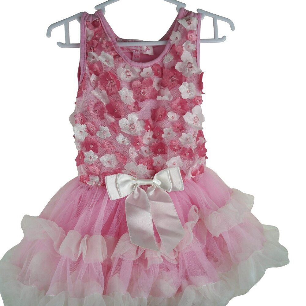 NWOT Popatu Infant Girls 12M Pink Floral Tulle Dress‎ With White Bow